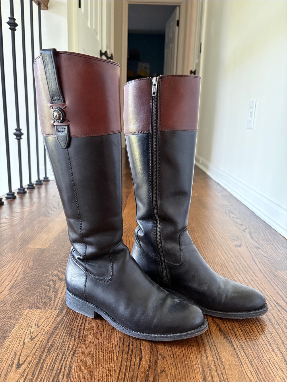 Frye Two-Tone Tall Leather Riding Boots - Black & Brown